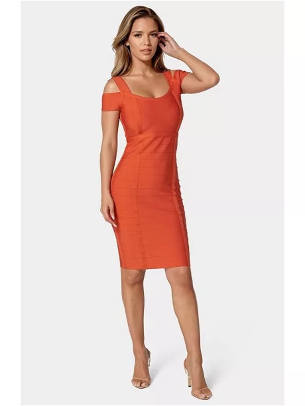 Bebe Orange Red Bandage Bodycon Dress Cold Shoulder Cut Out Zip Back NWT Size L